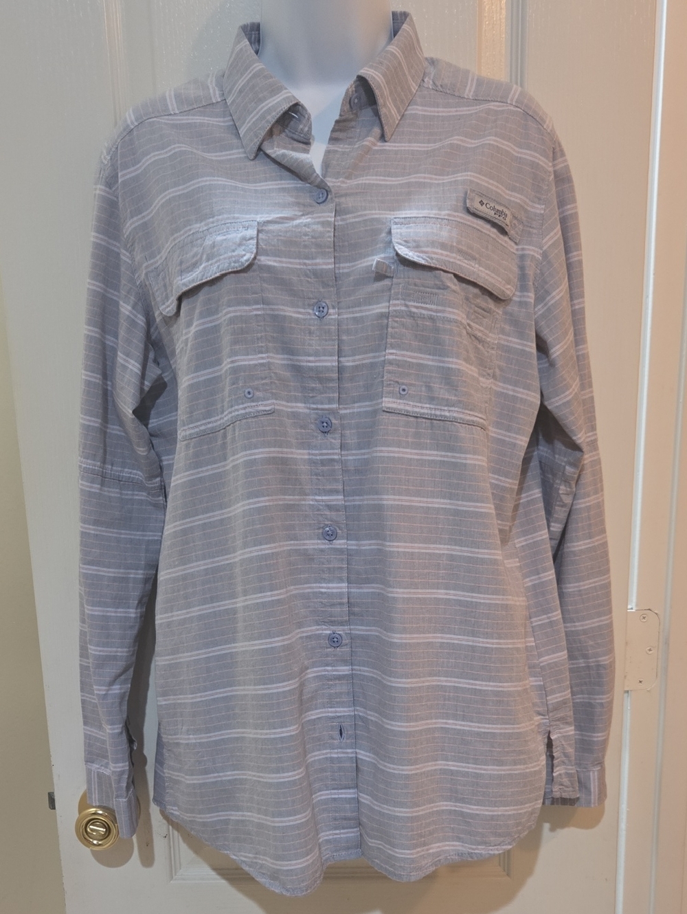 Columbia PFG Womens Long Sleeve Gray Striped Shirt Size Medium
